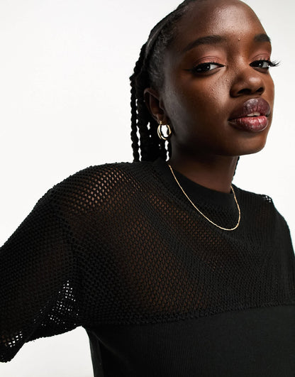 Miss Selfridge oversized boxy short sleeve crop t shirt with fishnet panel co-ord in black
