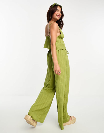 Esmee Exclusive beach textured wide leg trouser co-ord in green