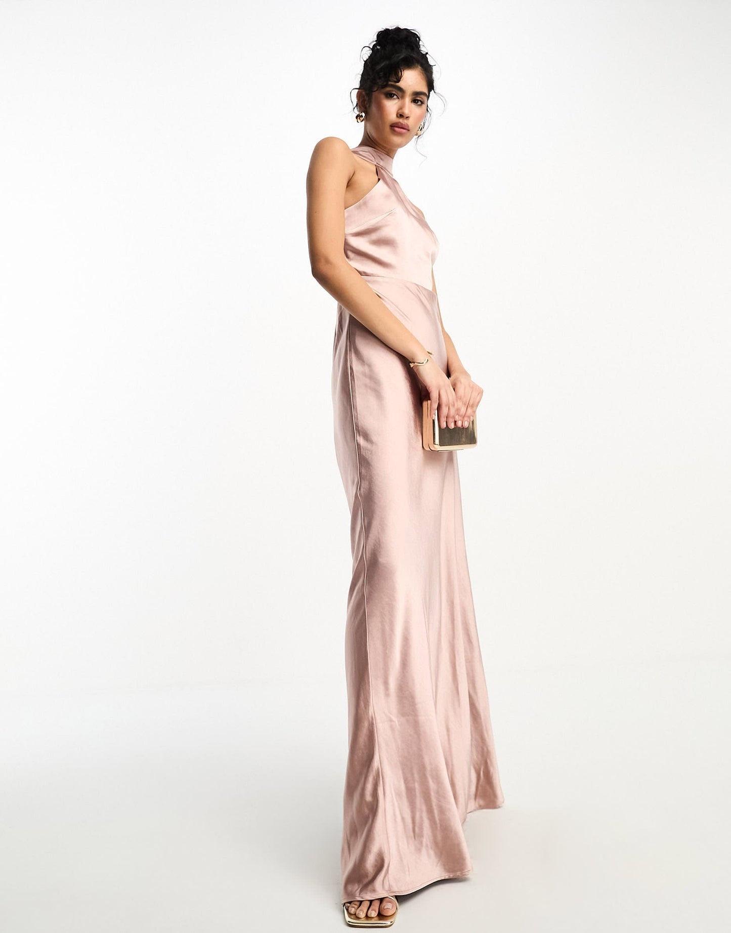 Six Stories Bridesmaids halter neck satin maxi dress in rose