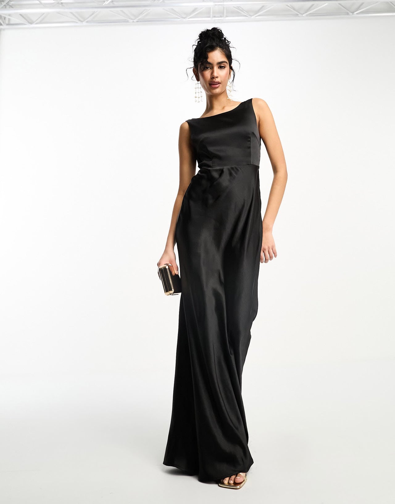 Six Stories Bridesmaids cowl back satin maxi dress in black