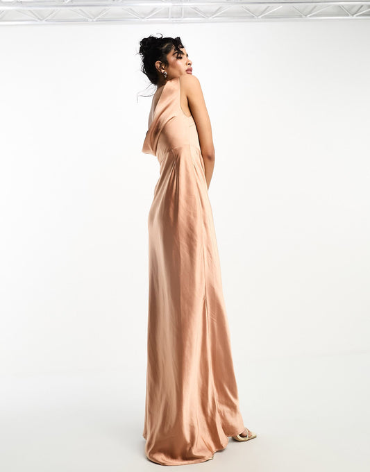 Six Stories Bridesmaids cowl back satin maxi dress in burnt peach