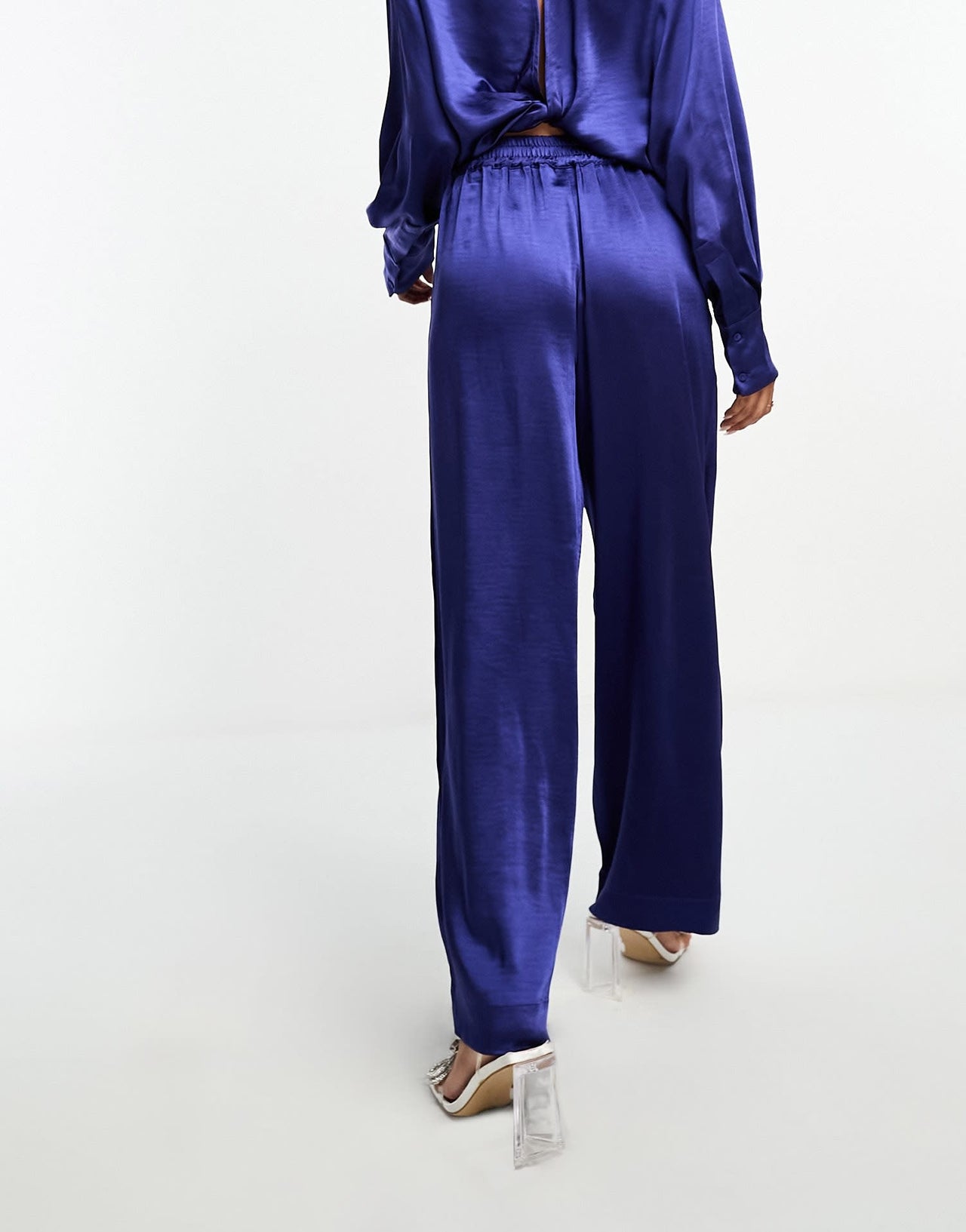 Y.A.S wide leg satin trouser co-ord in blue