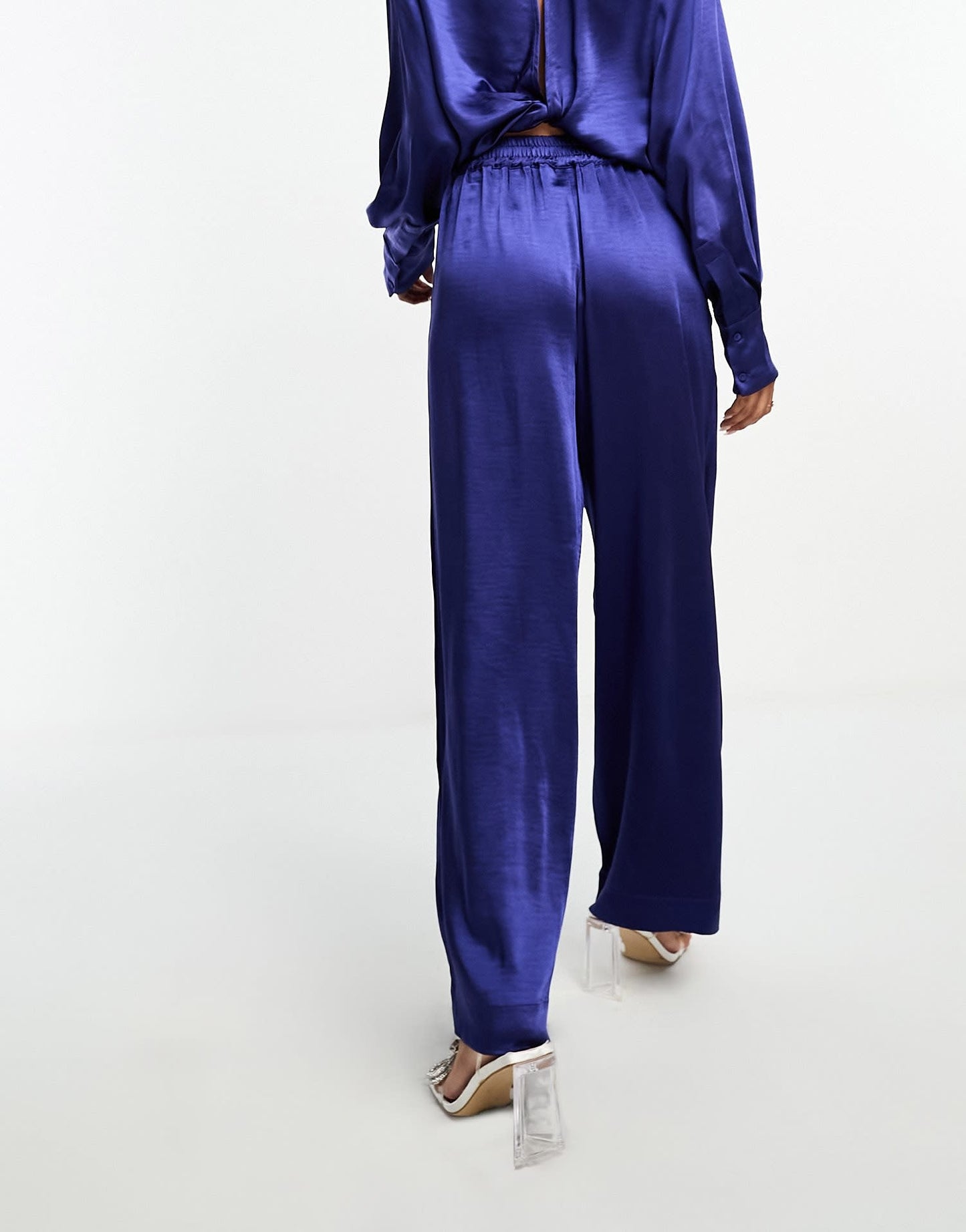 Y.A.S wide leg satin trouser co-ord in blue