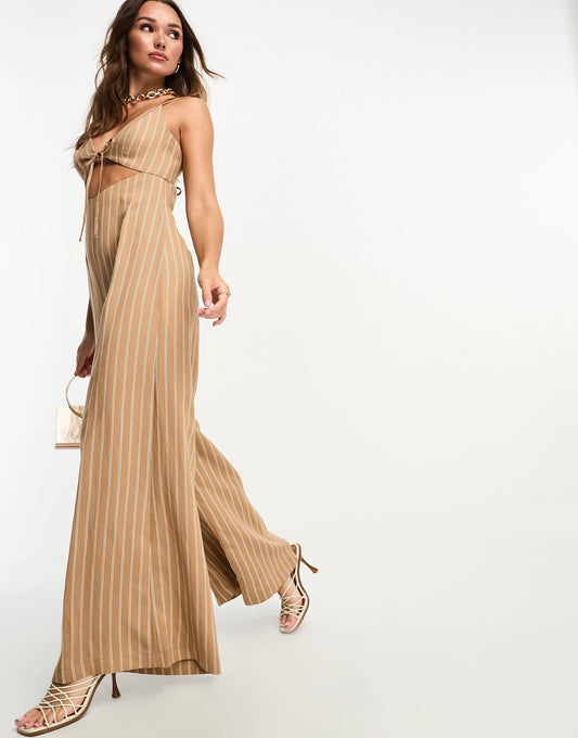 ASOS DESIGN tailored strappy cut out jumpsuit in camel pinstripe