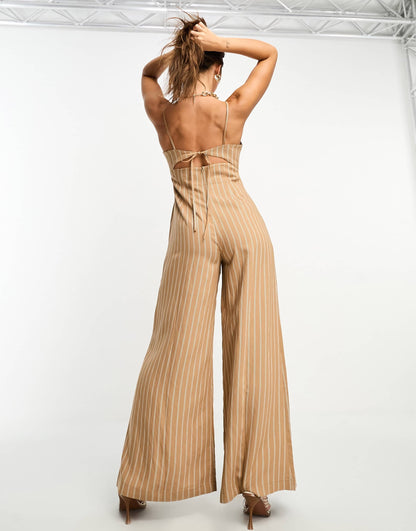 ASOS DESIGN tailored strappy cut out jumpsuit in camel pinstripe