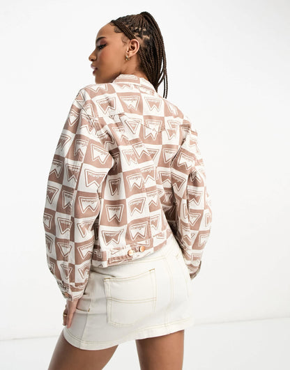 Wrangler all over monogram print co-ord denim jacket in brown