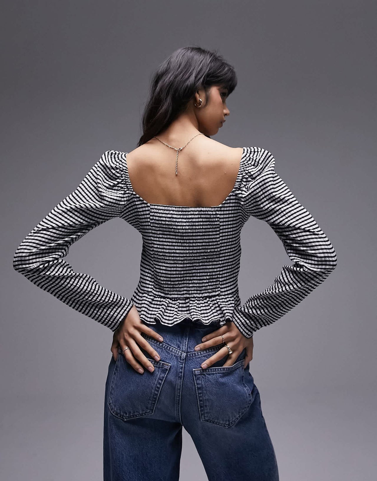 Topshop gingham shirred top in monochrome