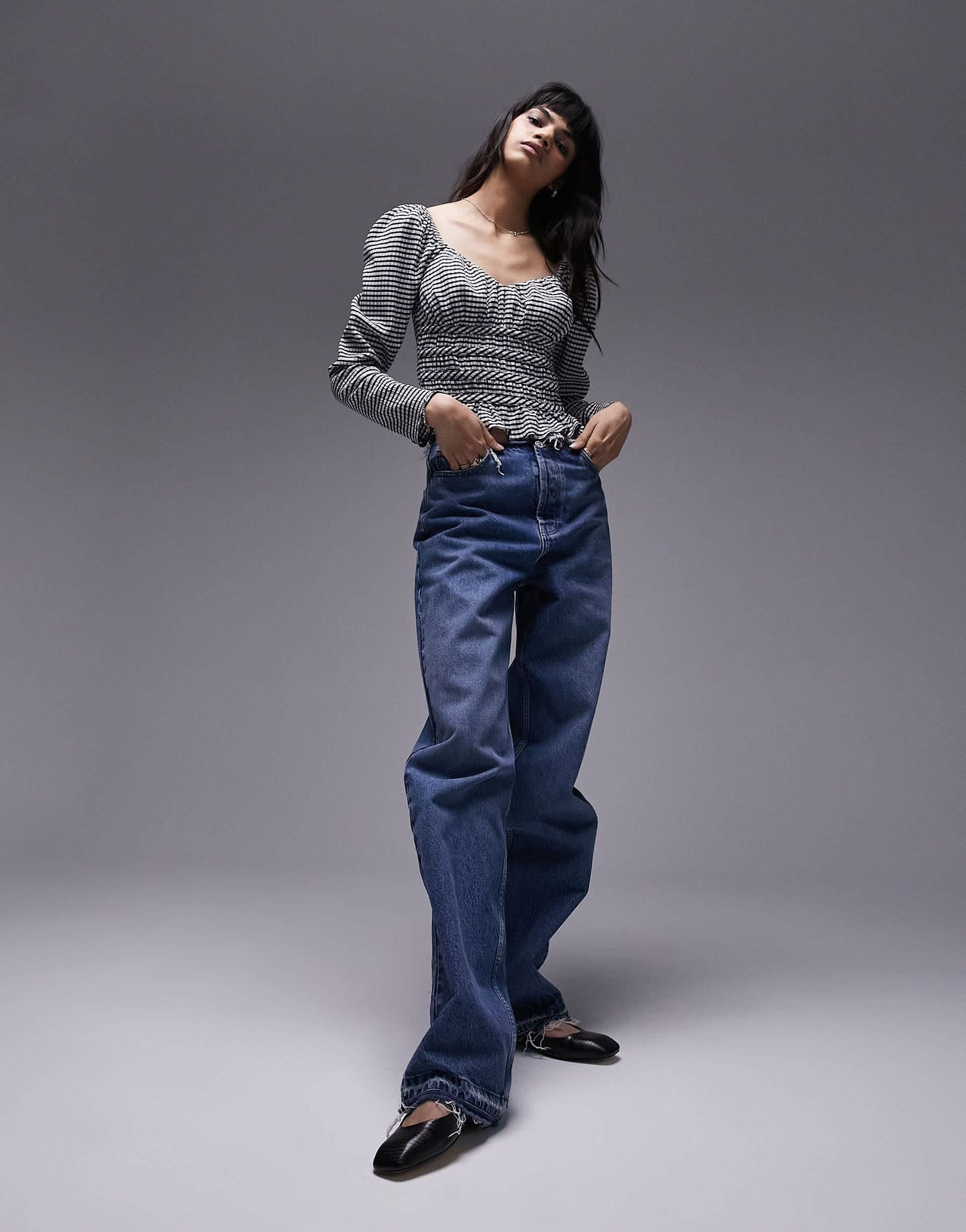 Topshop gingham shirred top in monochrome