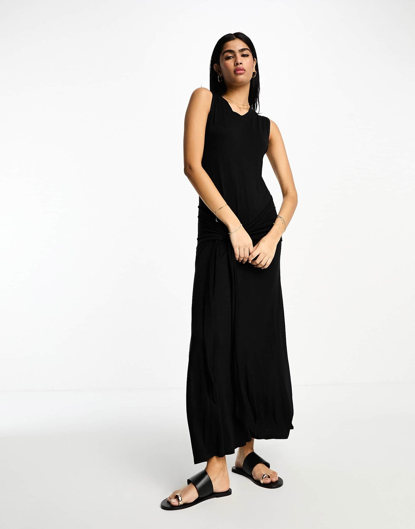 ASOS DESIGN crew neck sleeveless maxi dress with sarong tie skirt in black