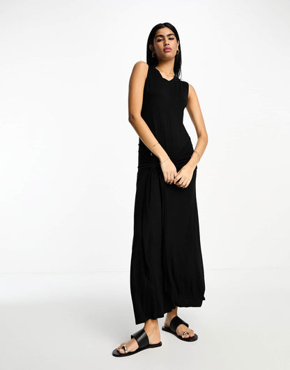ASOS DESIGN crew neck sleeveless maxi dress with sarong tie skirt in black
