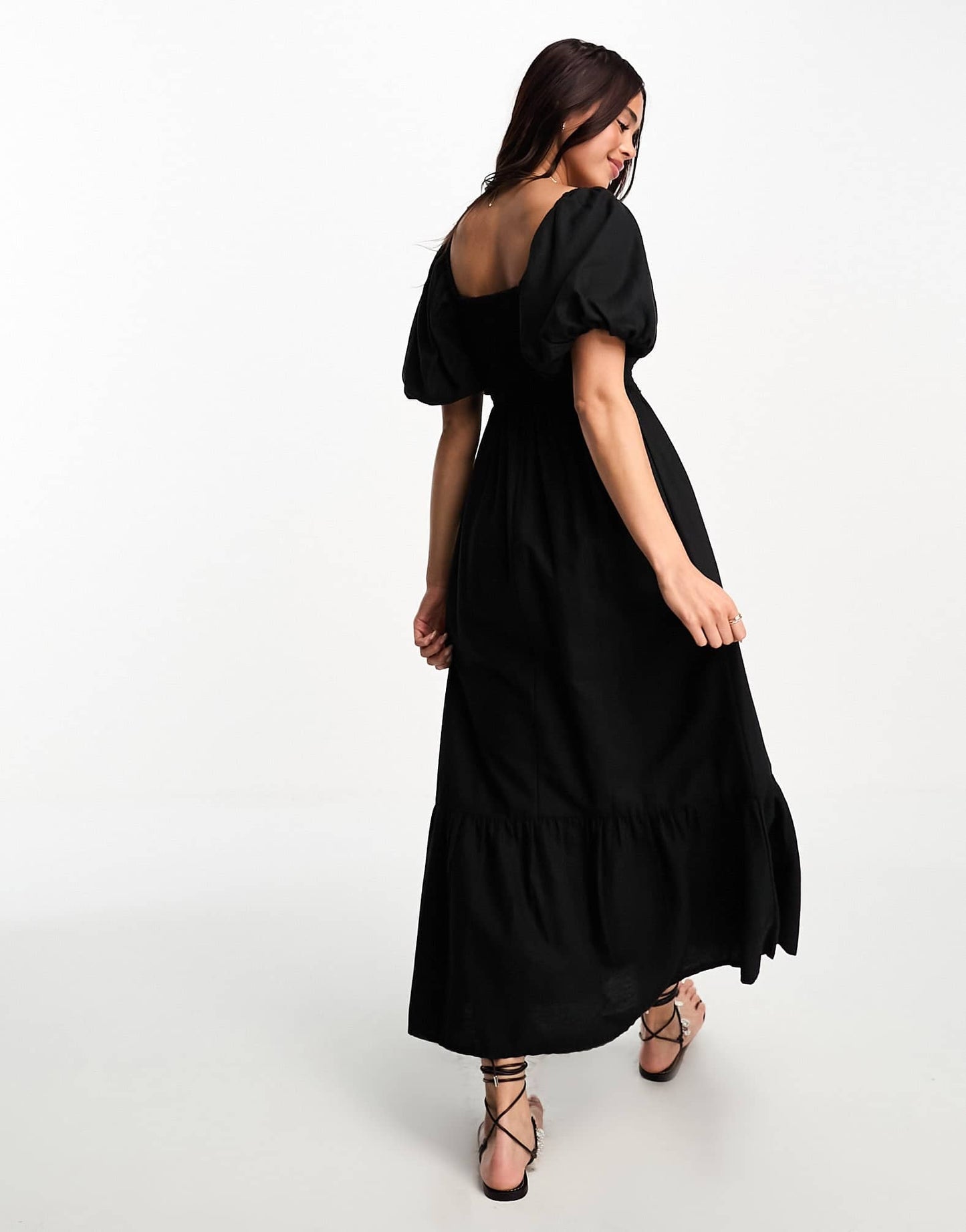 New Look puff sleeve shirred top midi dress in black