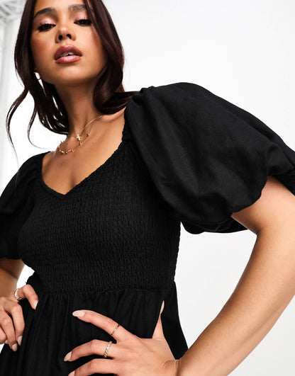 New Look puff sleeve shirred top midi dress in black