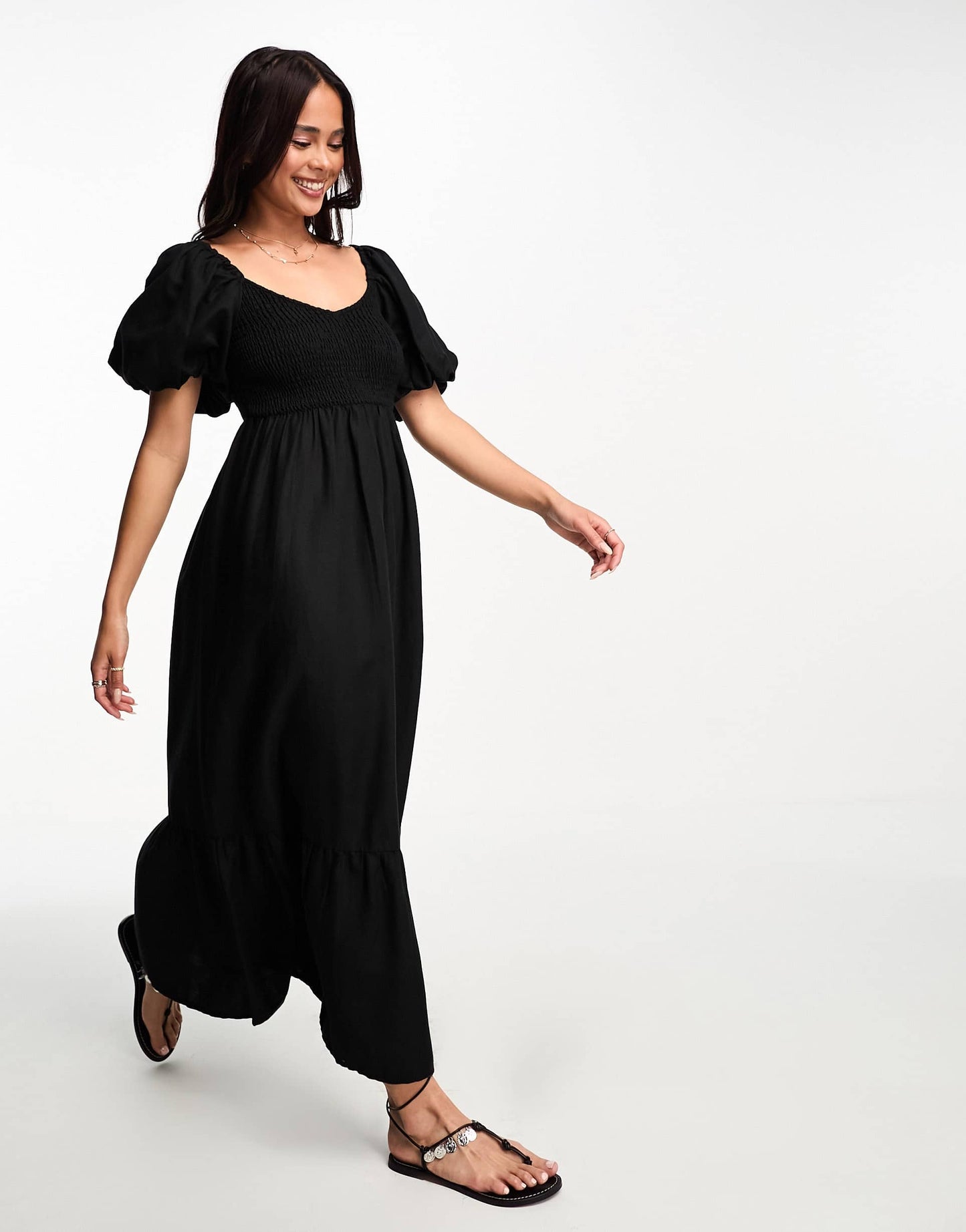 New Look puff sleeve shirred top midi dress in black