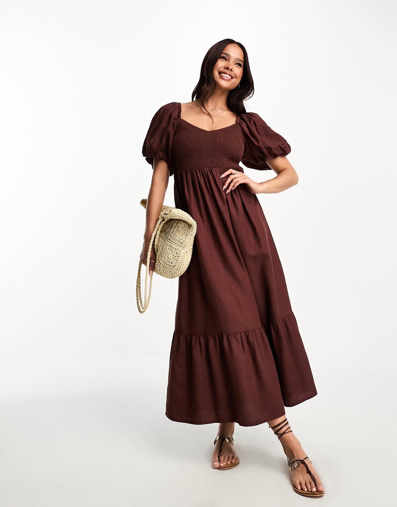 New Look puff sleeve shirred top midi dress in brown