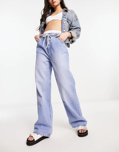 Bershka drawstring waist baggy jeans in mid blue
