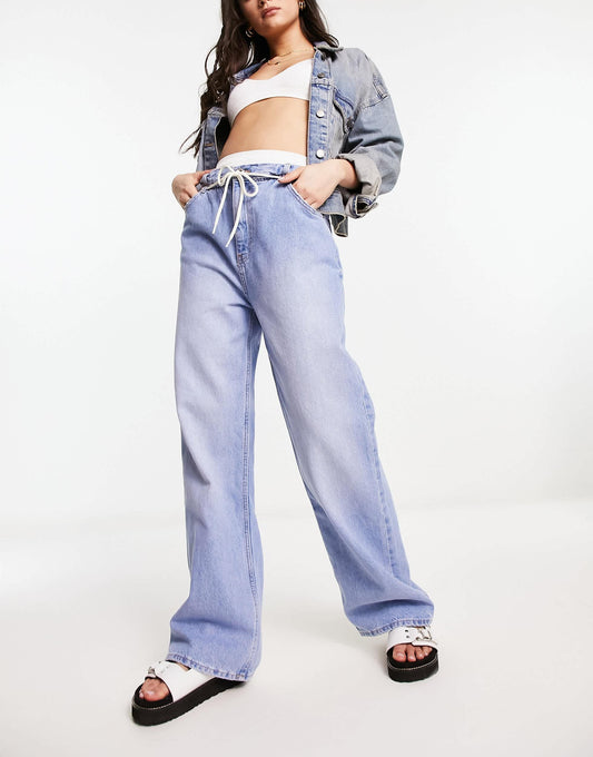 Bershka drawstring waist baggy jeans in mid blue