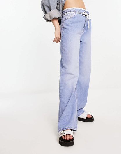 Bershka drawstring waist baggy jeans in mid blue