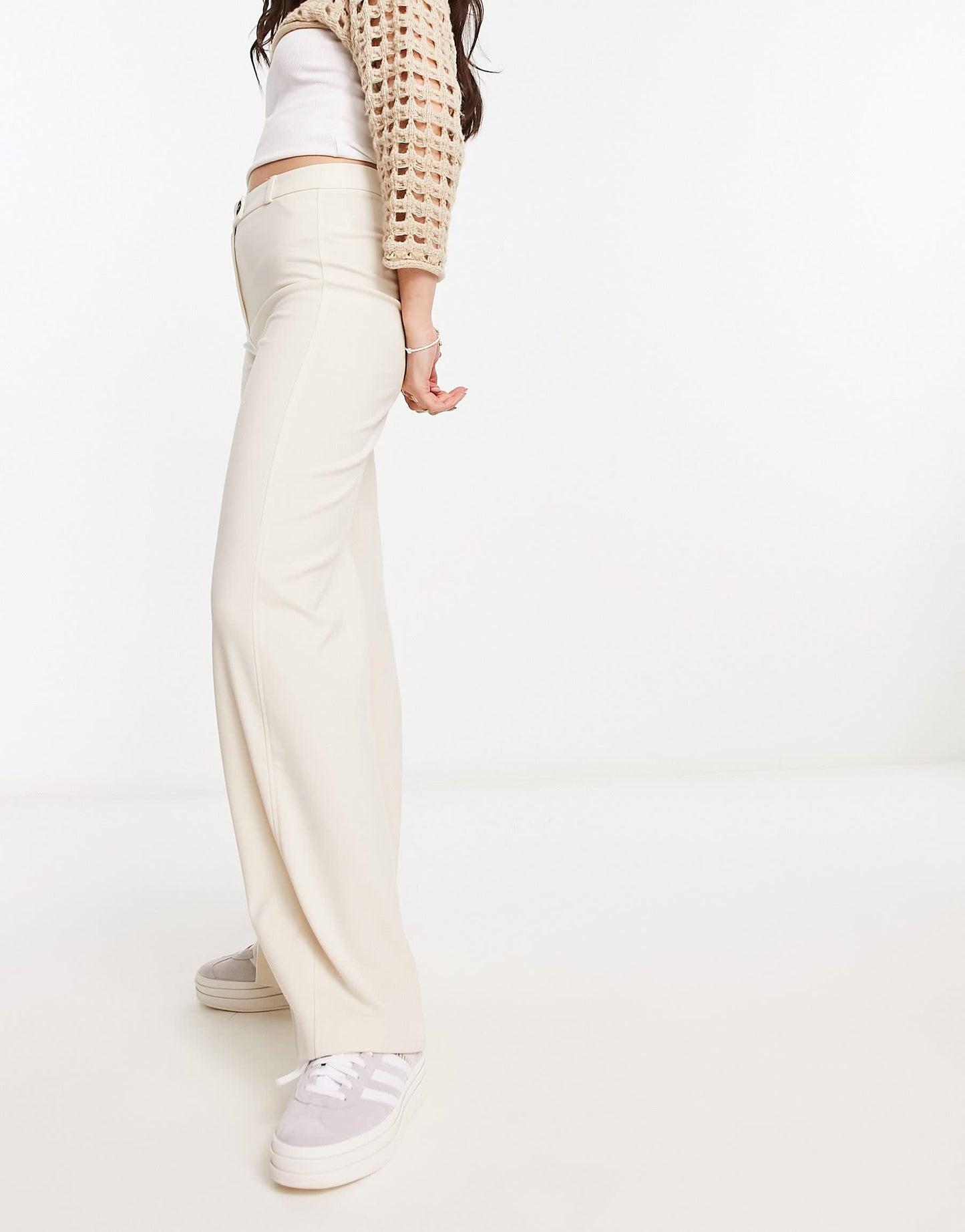Bershka wide leg slouchy dad tailored trousers in cream