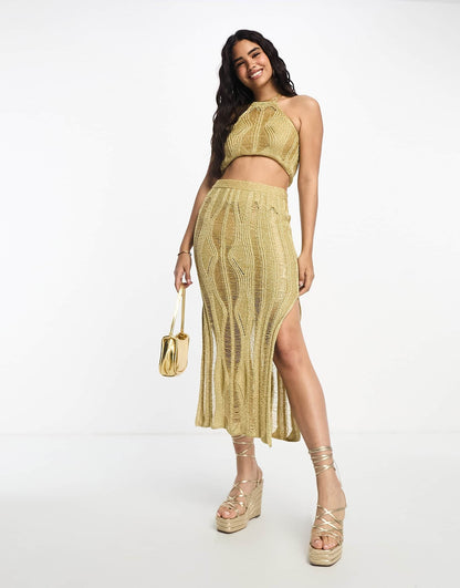 Miss Selfridge gold glitter ladder stitch maxi skirt co-ord in gold