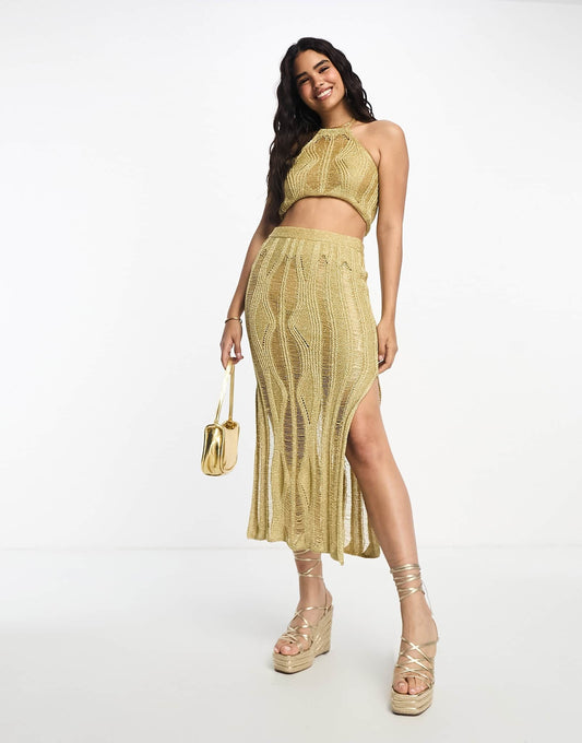 Miss Selfridge gold glitter ladder stitch maxi skirt co-ord in gold