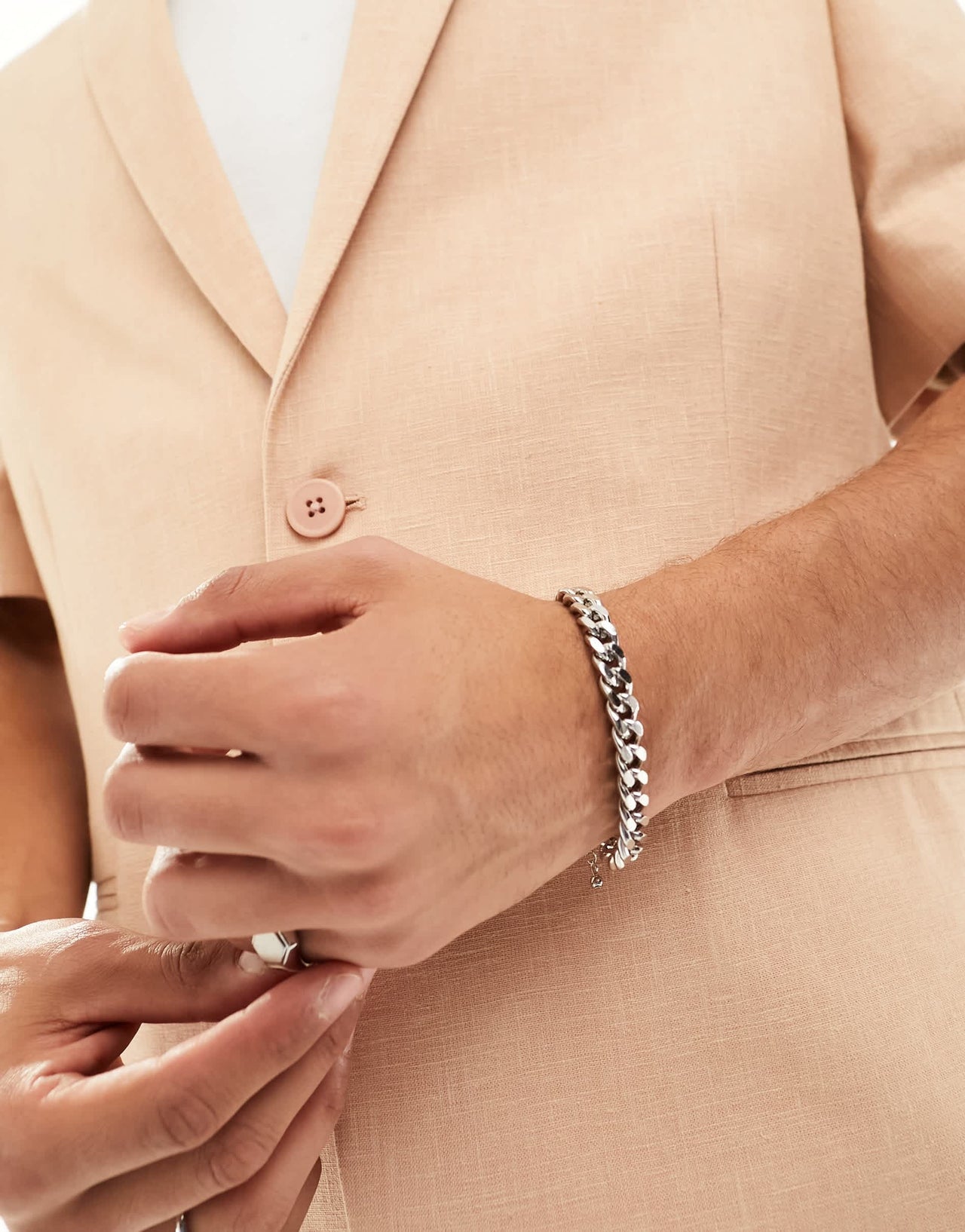 ASOS DESIGN oversized short sleeved suit jacket in slubby texture in peach