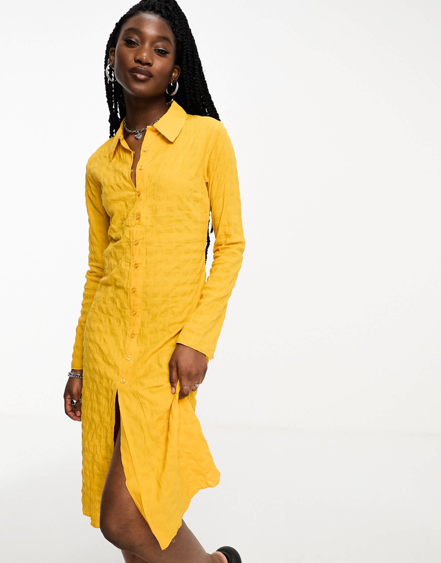 Weekday Smock textured shirt midi dress in yellow