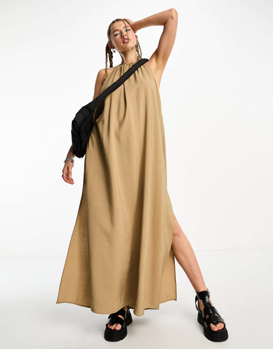 Weekday Aki drape maxi dress in beige