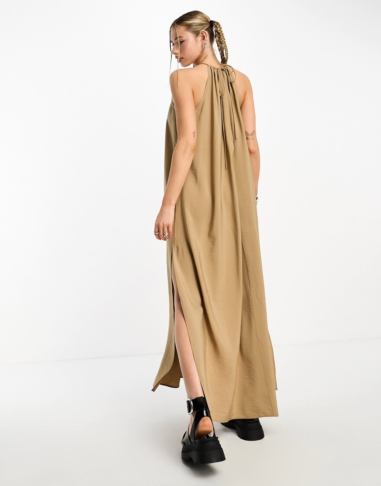 Weekday Aki drape maxi dress in beige
