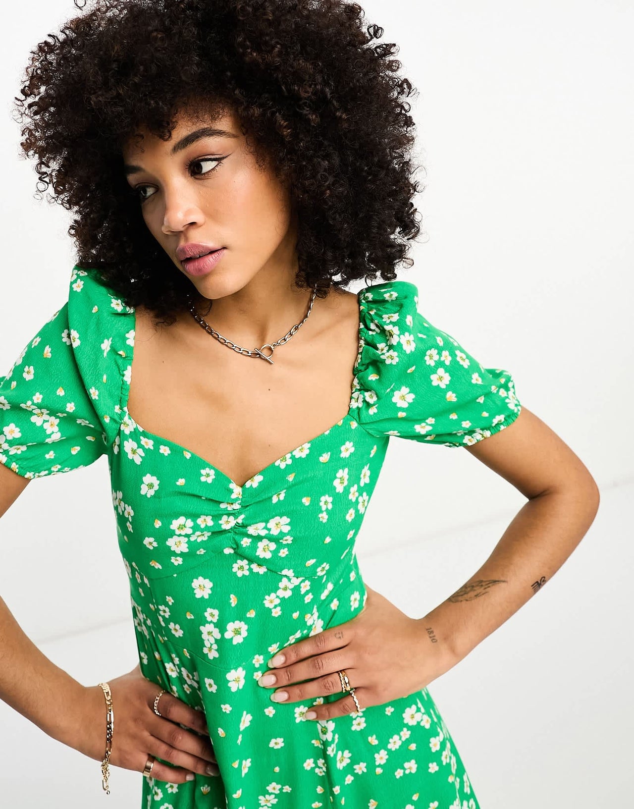 & Other Stories puff sleeve midi dress in green print