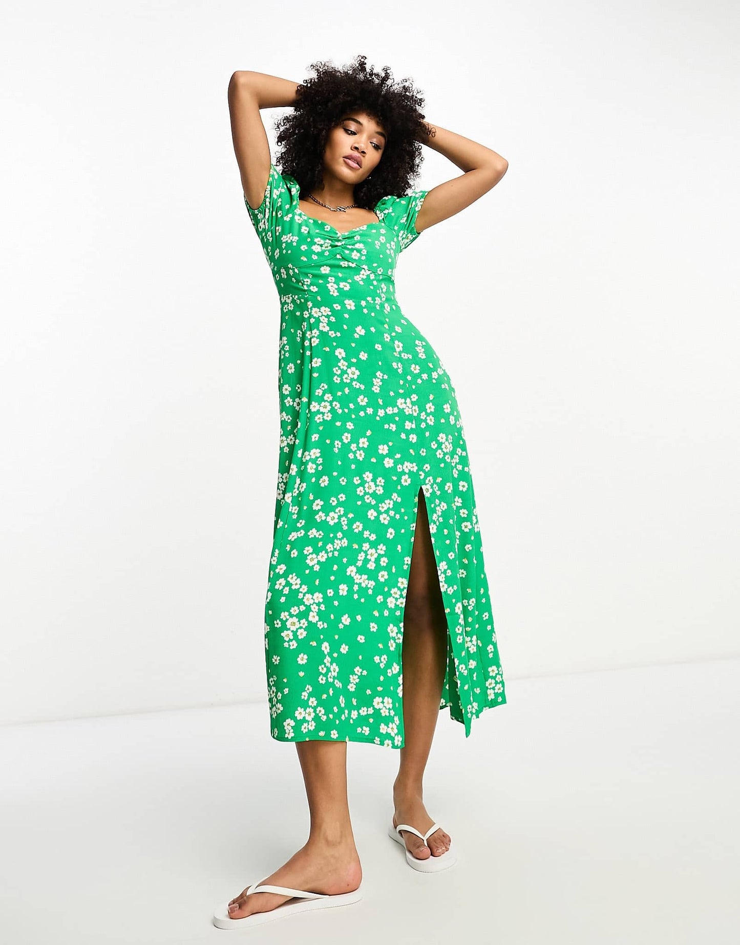 & Other Stories puff sleeve midi dress in green print