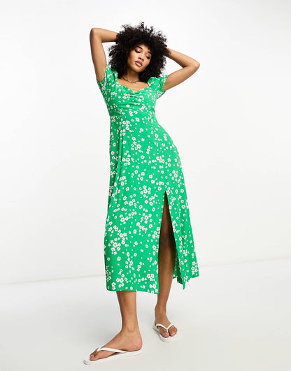 & Other Stories puff sleeve midi dress in green print