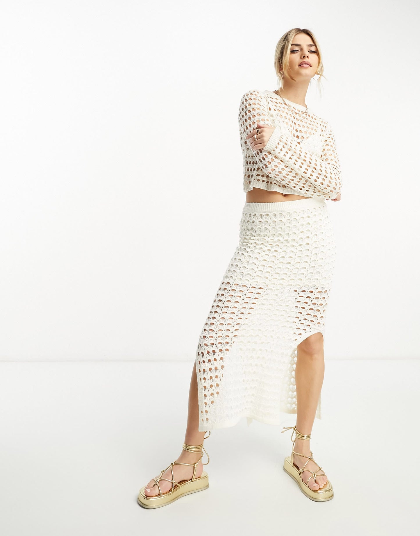 Stradivarius open knit maxi skirt co-ord in ecru