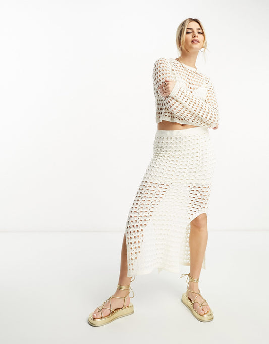 Stradivarius open knit maxi skirt co-ord in ecru