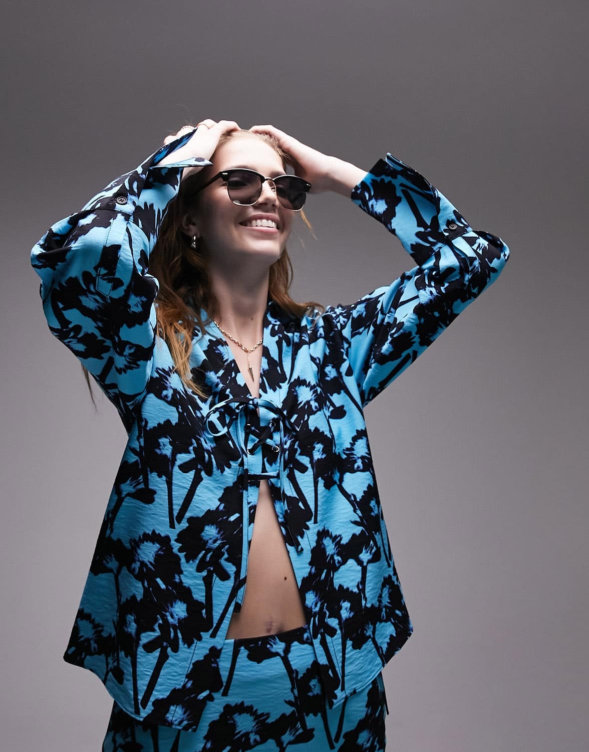 Topshop co-ord long sleeve tie up printed top in turquoise