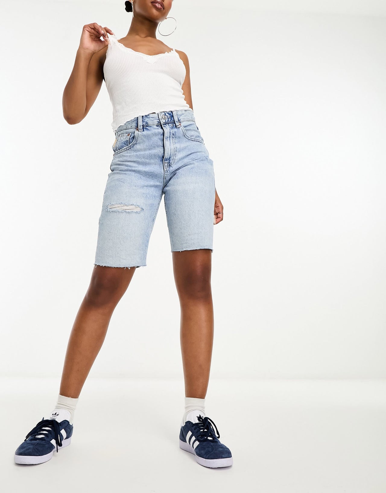 Stradivarius longline denim jort in vintage wash