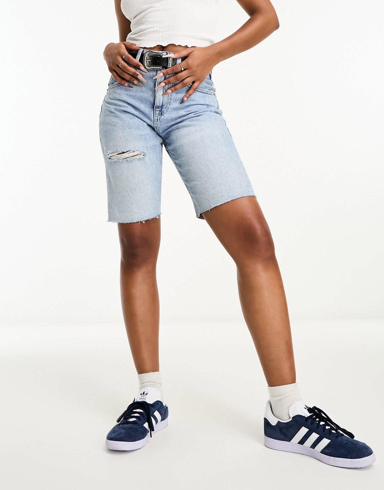 Stradivarius longline denim jort in vintage wash