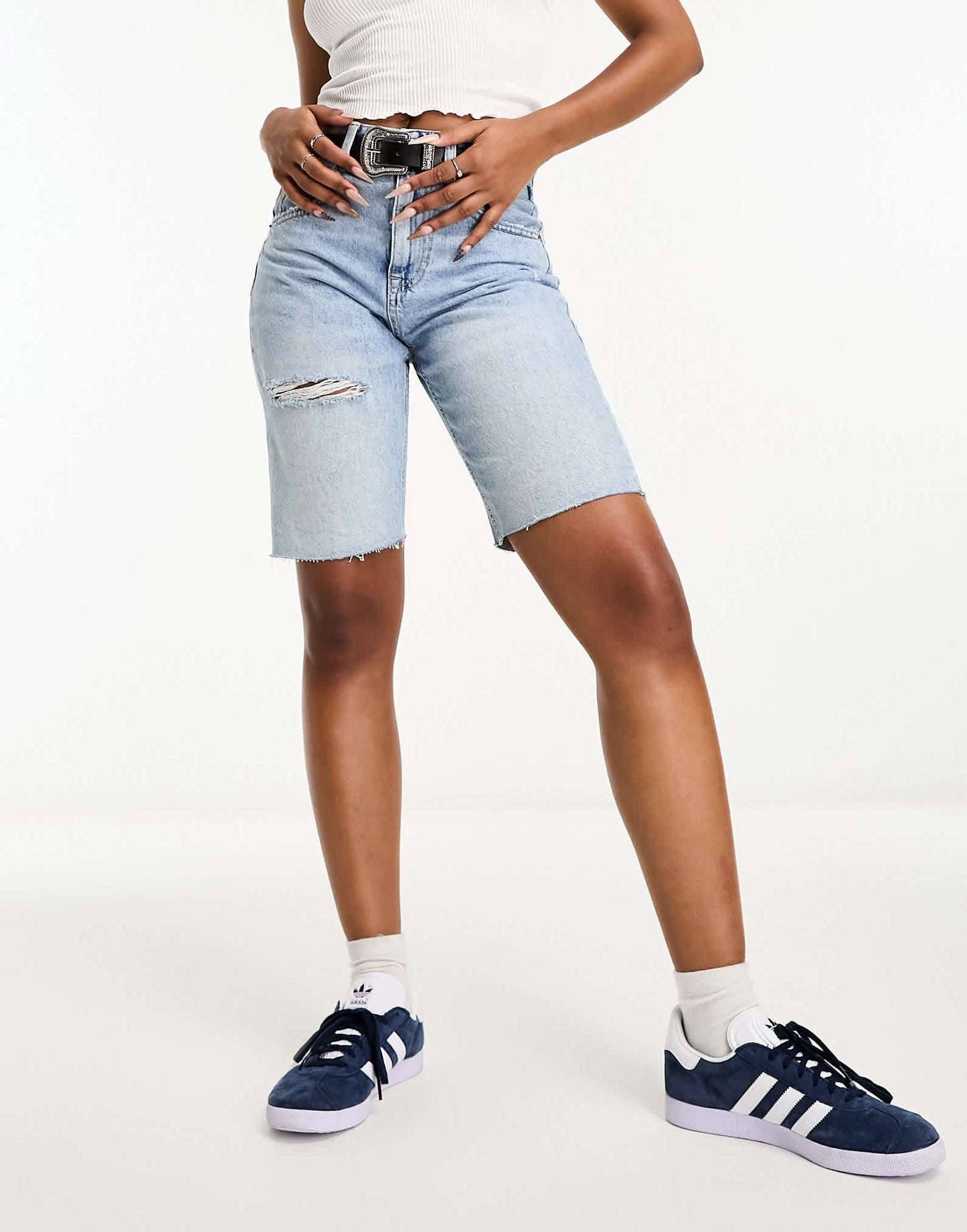 Stradivarius longline denim jort in vintage wash