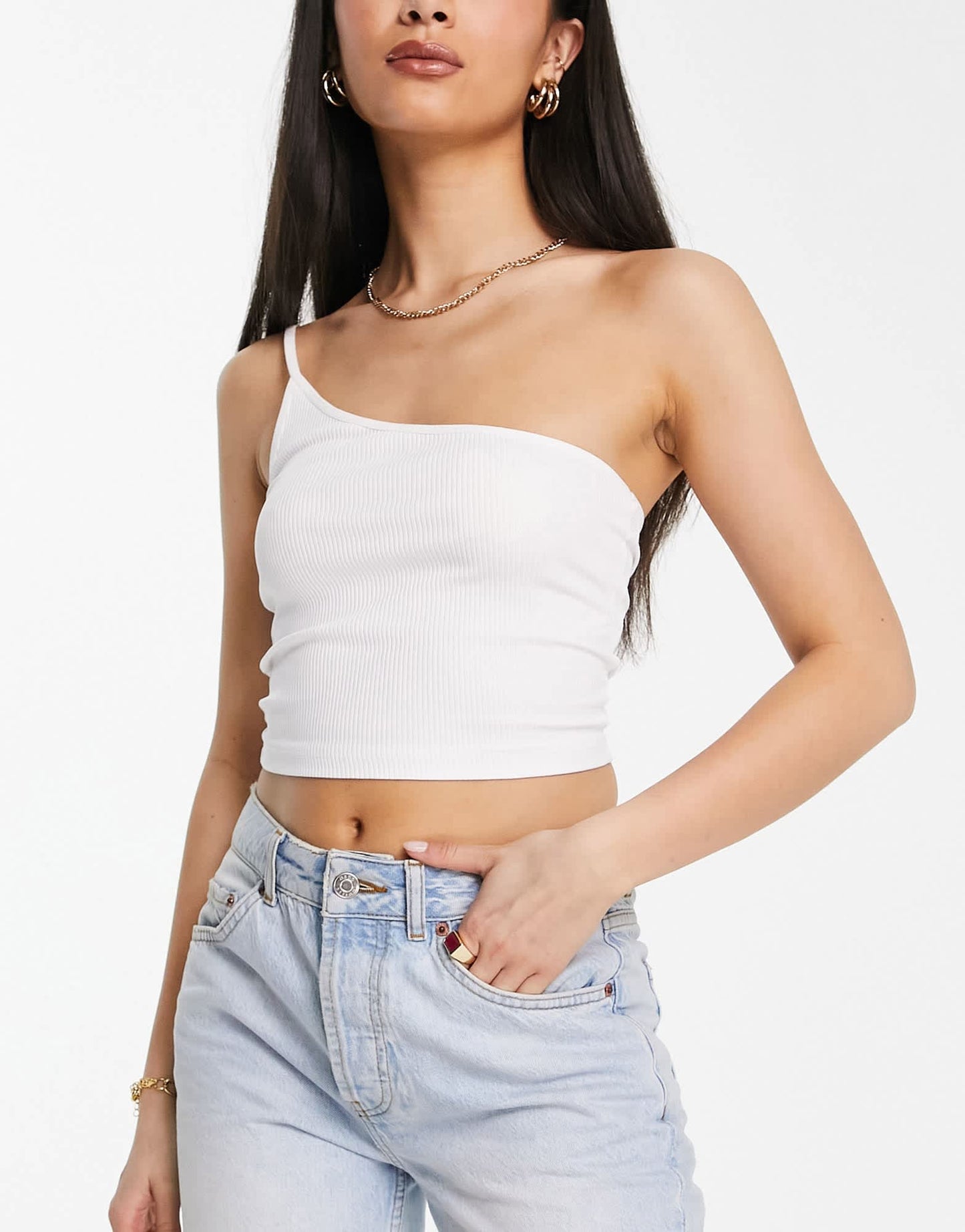 Stradivarius one shoulder cami top 2 pack in stone & white