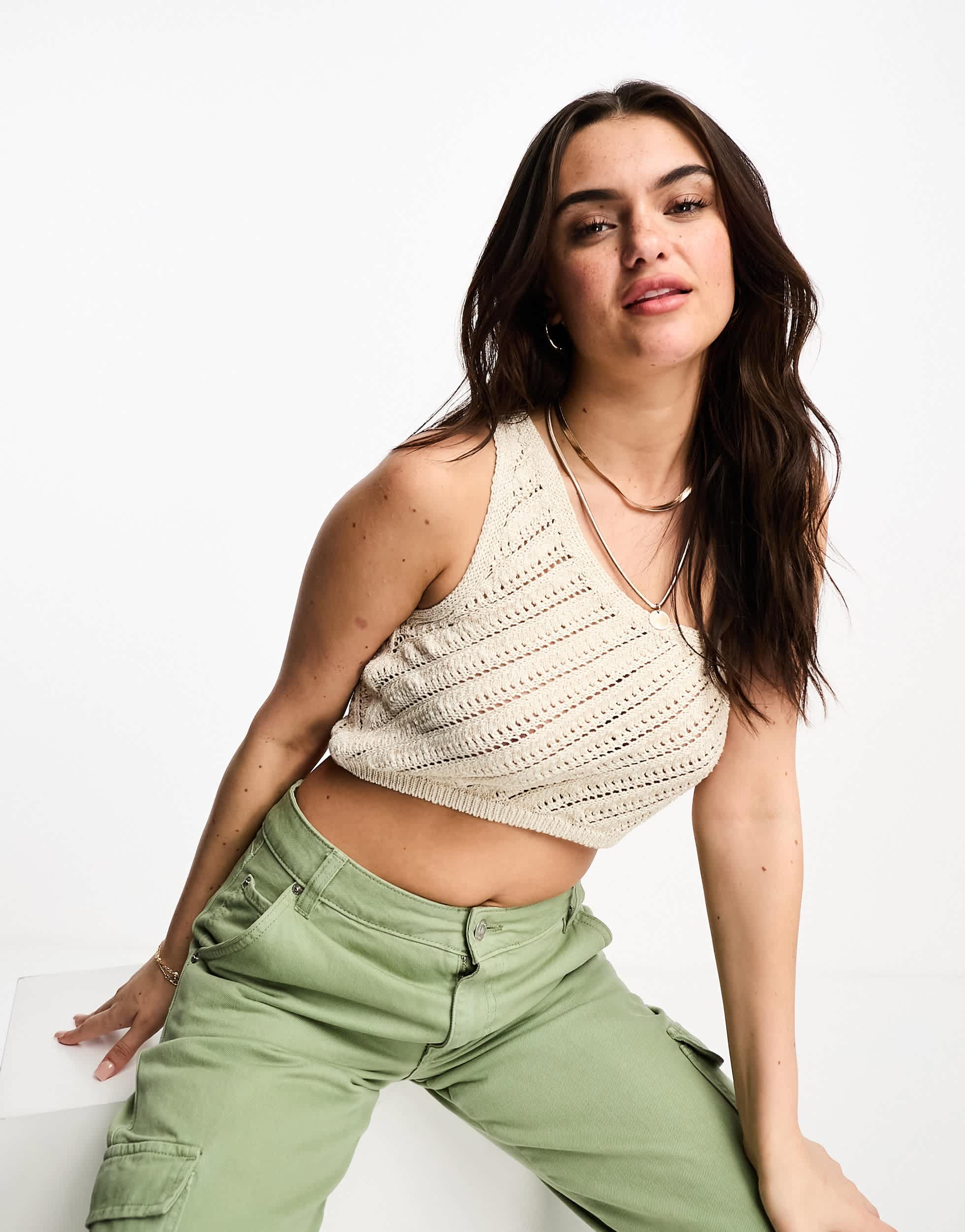 Stradivarius crochet one shoulder top in natural