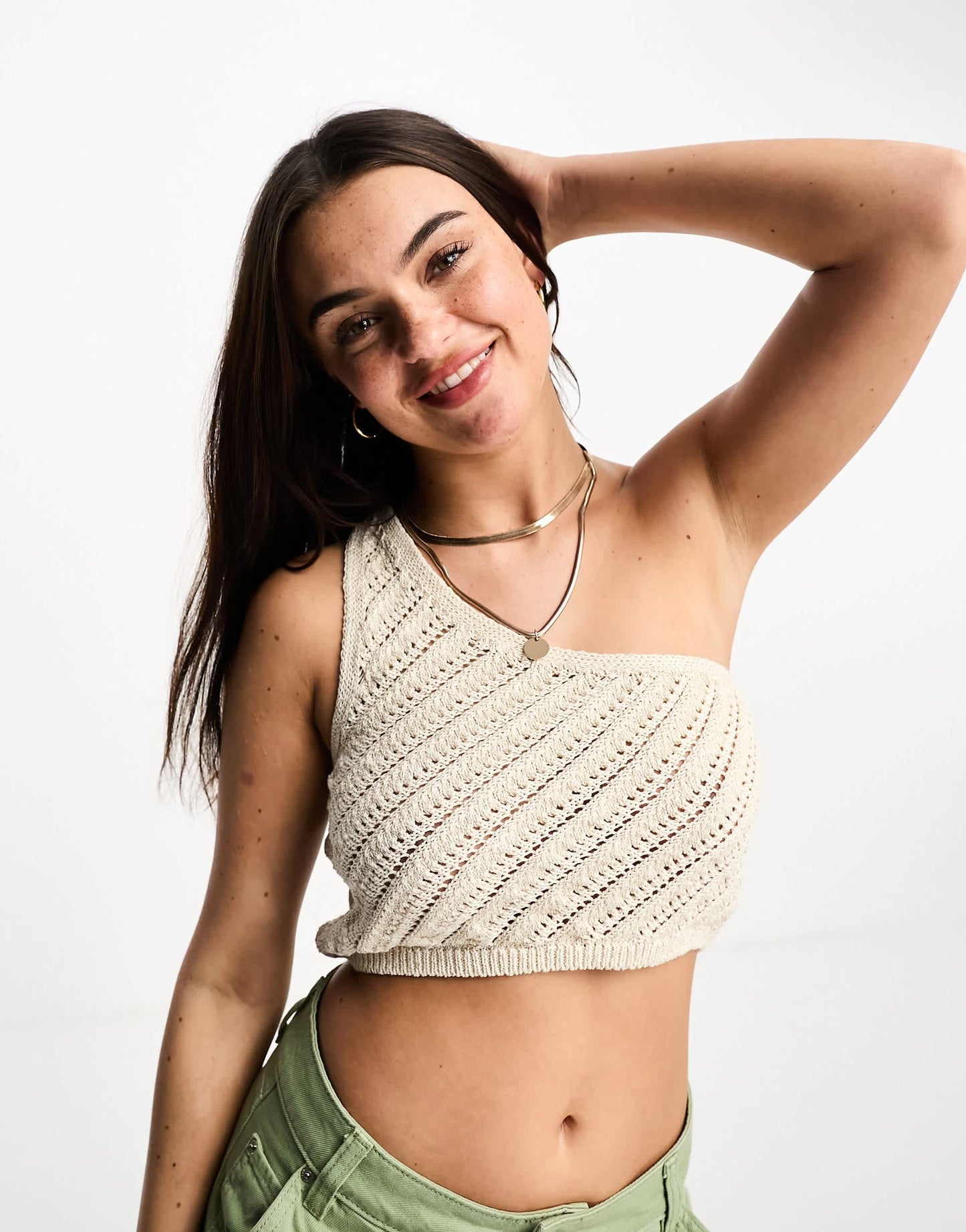 Stradivarius crochet one shoulder top in natural