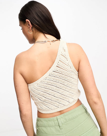 Stradivarius crochet one shoulder top in natural