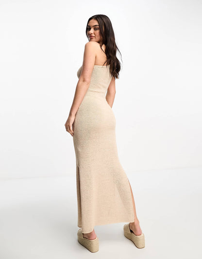 Stradivarius one shoulder crochet knitted maxi dress in natural