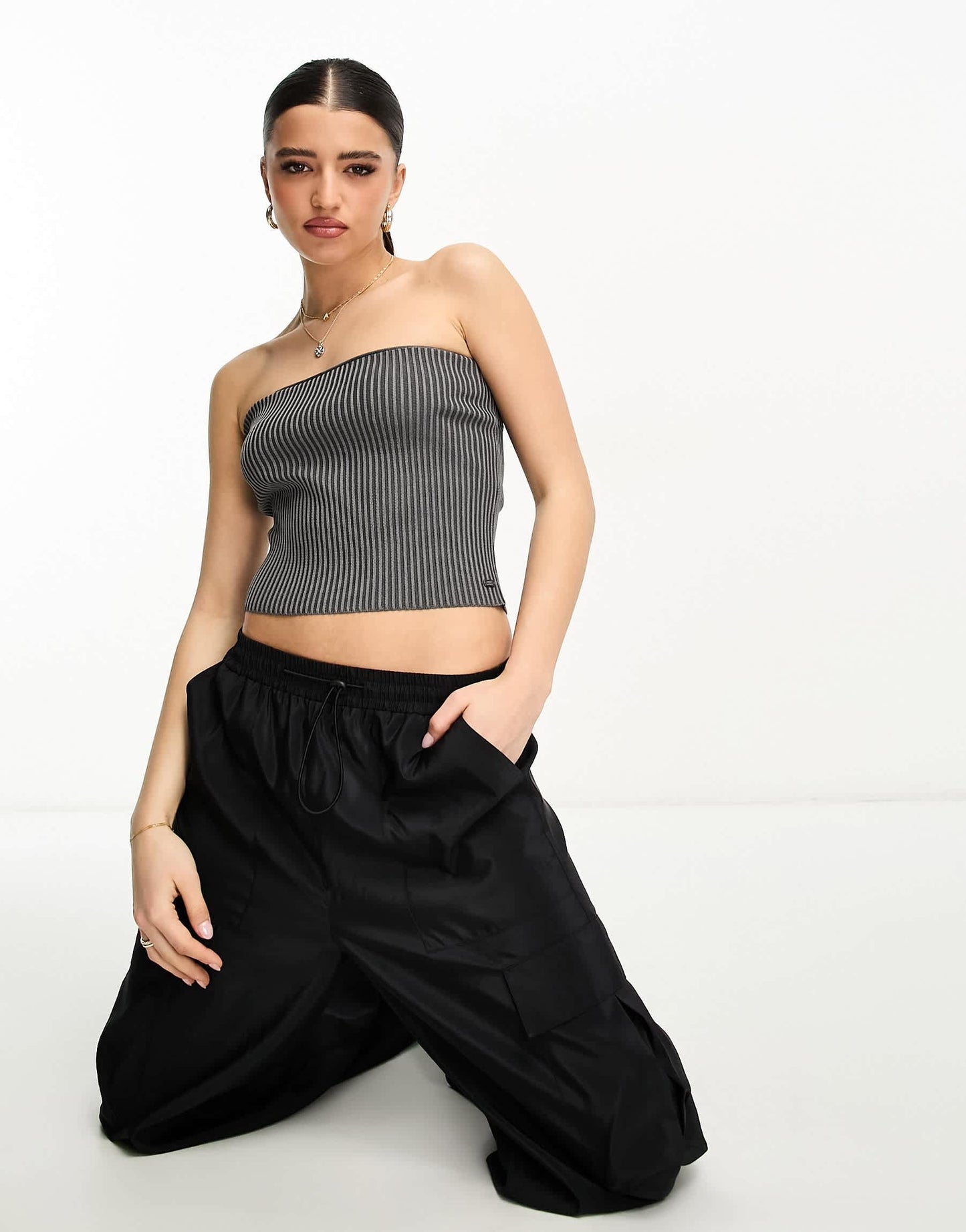 Pull&Bear acid wash bandeau tube top in charcoal