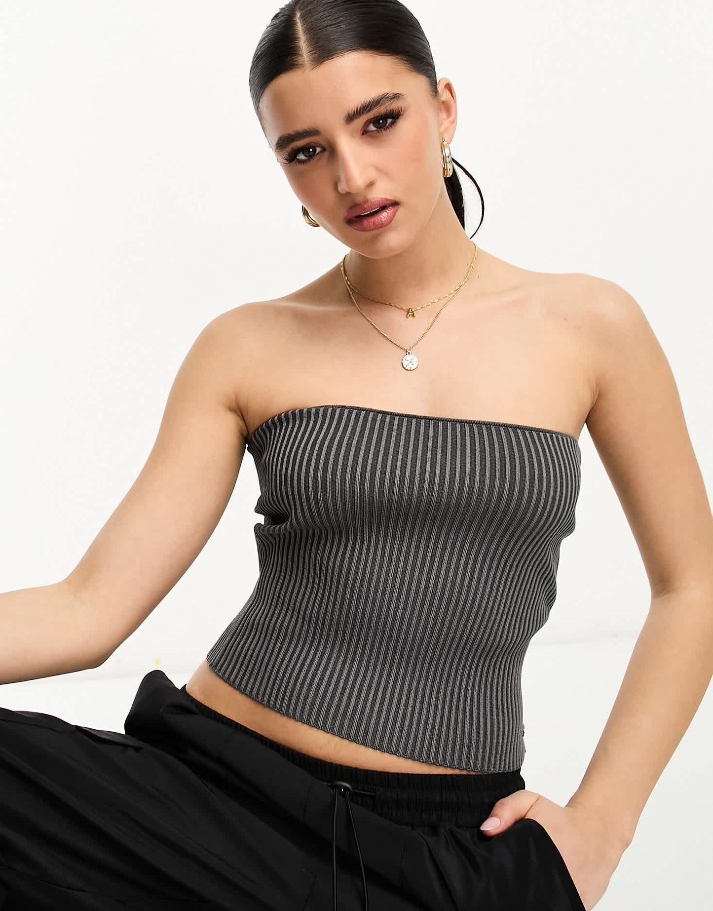 Pull&Bear acid wash bandeau tube top in charcoal
