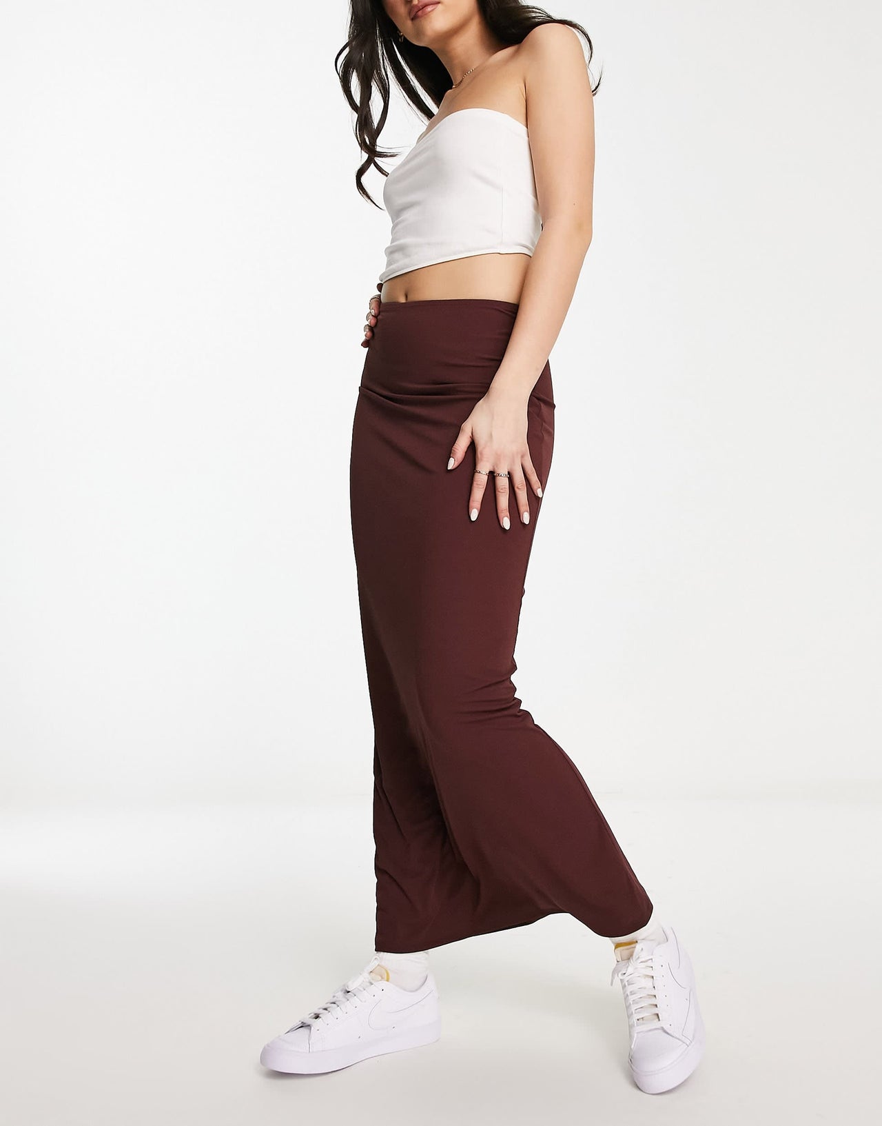 Pull&Bear slinky column maxi skirt in aubergine