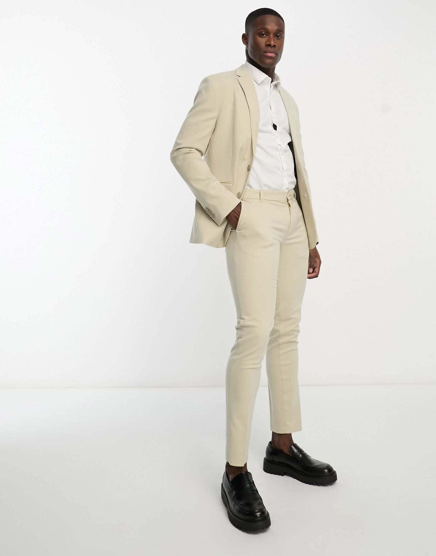 New Look single breasted skinny suit jacket in oatmeal