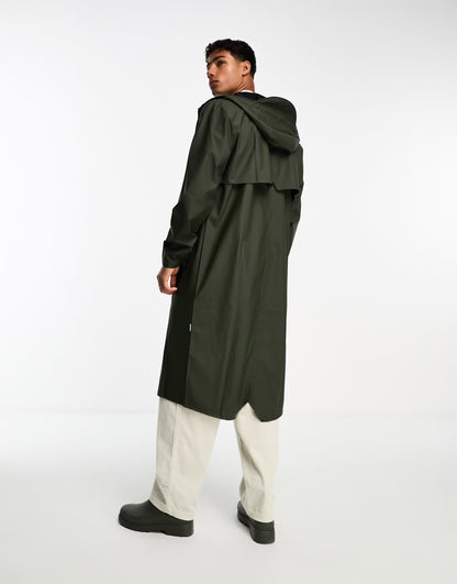 Rains waterproof hooded long line jacket in dark green