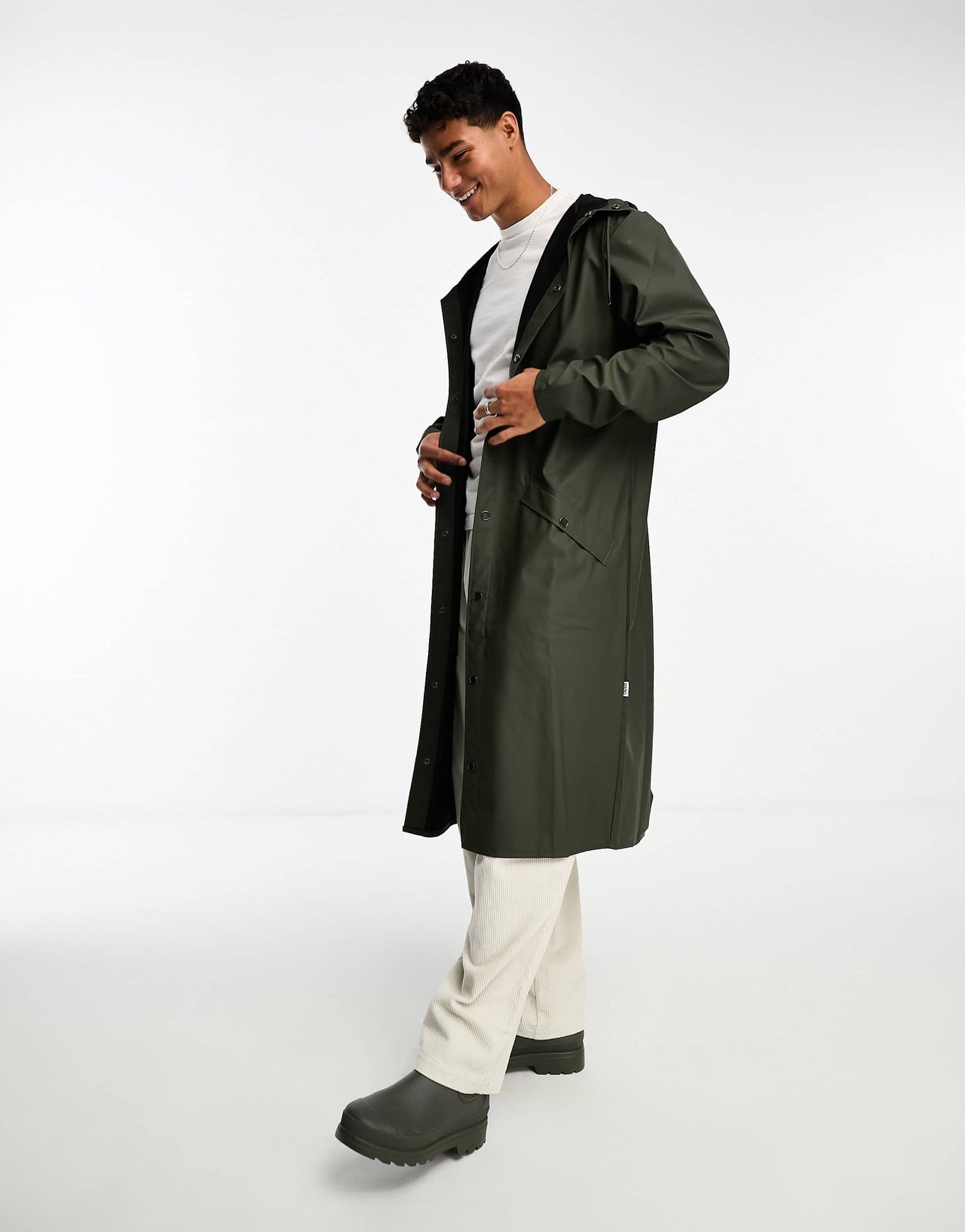 Rains waterproof hooded long line jacket in dark green