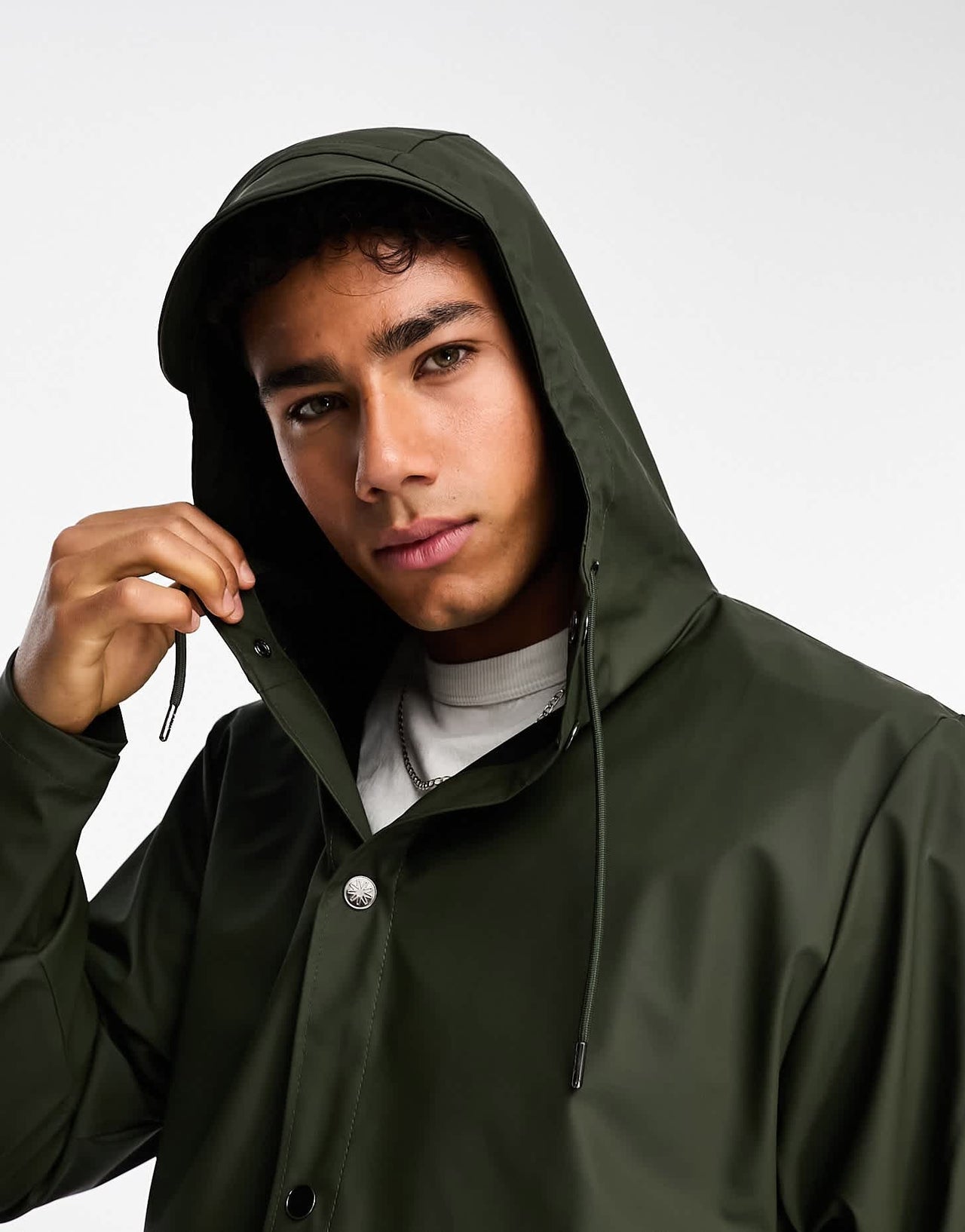 Rains waterproof hooded long line jacket in dark green