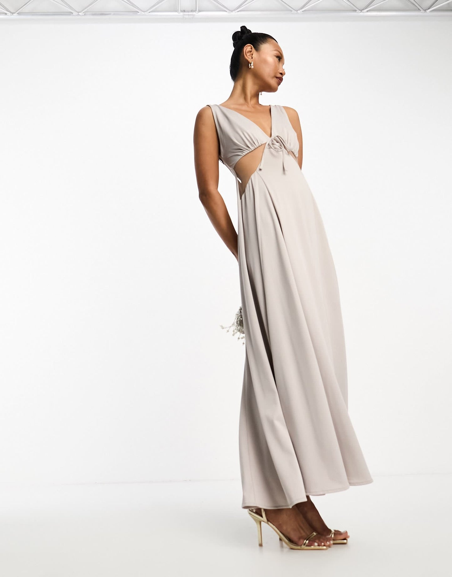 ASOS DESIGN strappy mesh insert cut out maxi dress in stone